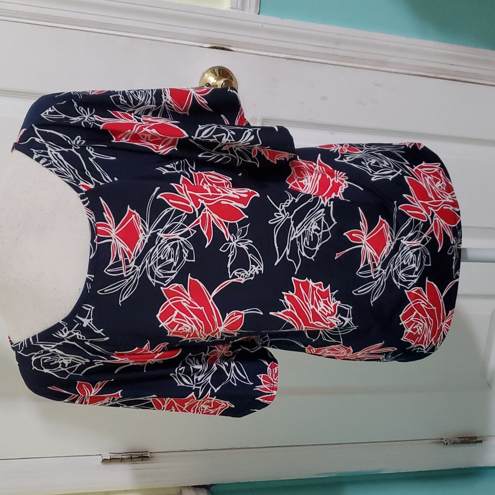 Espresso Navy & Red Roses Floral Flutter Sleeves Jersey Top M - Picture 5 of 7